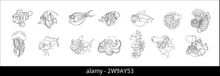 Tropical sea fishes and creatures line vector illustrations big icons set. Pack of linear underwater habitats on white background. Childish cartoon de Stock Vector