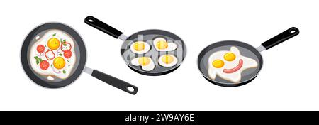 Frying pans with sunny-side-up eggs color vector icon set. Delicious recipes of healthy breakfast illustrations pack isolated on white background Stock Vector