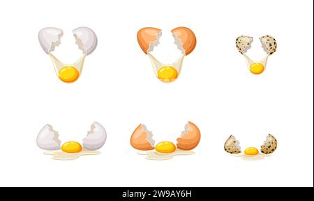 Broken chicken and quail eggs color vector icon set. Cooking breakfast of poultry products illustrations pack isolated on white background Stock Vector