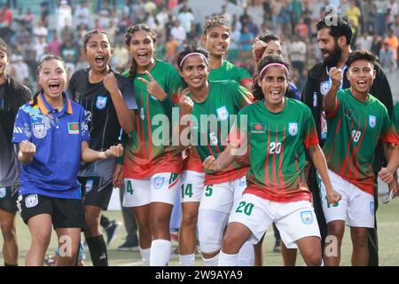 Bangladeshi footballers celebrate after win against Singapore in their FIFA friendly window with a thumping 8-0 win at the Birshreshtha Shaheed Mostaf Stock Photo