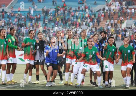 Bangladeshi footballers celebrate after win against Singapore in their FIFA friendly window with a thumping 8-0 win at the Birshreshtha Shaheed Mostaf Stock Photo