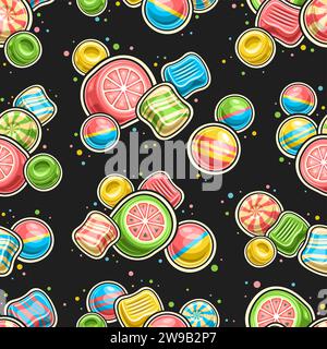 Vector Candy Seamless Pattern, repeat background with illustrations of various multi colored fruit candies and bubble gums for child bed linen or wrap Stock Vector