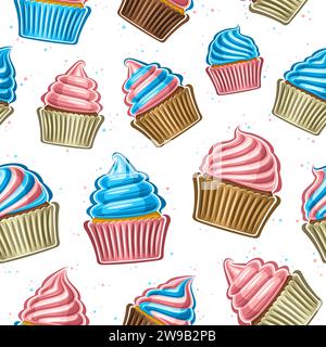Vector Cupcake Seamless Pattern, decorative repeat background with illustration of variety cupcake with soft serve cream, packed in pastel color wrapp Stock Vector