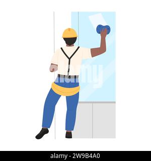 Glass cleaner working at height. Industrial climbers, worker on rope washing window cartoon vector illustration Stock Vector