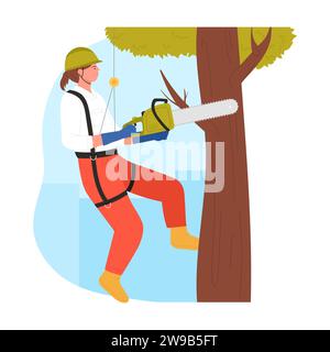 Tree surgeon arborist. Industrial climber worker, cutting trees service cartoon vector illustration Stock Vector