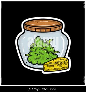 Cheese Flavor With Cartoon Mascot of Weed Bud On Jar. For Sticker and label. Vector and Illustration. Stock Vector