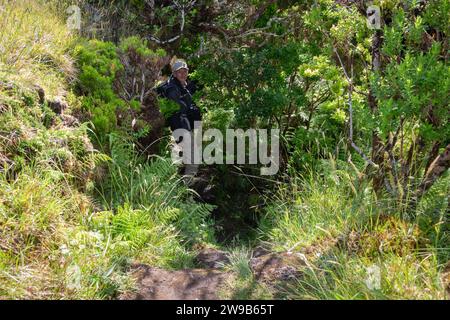 Single person standing at the entrance of lava tunnel Frei Matias on the island of Pico, Azores, Portugal Stock Photo