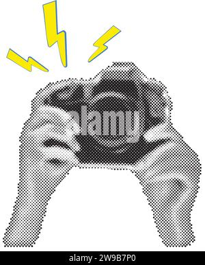 Hands holding vintage photo camera. Trendy halftone style. Collage design in trendy retro 90s magazine style. Vector illustration Stock Vector