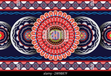 A red, white, and blue mandala pattern on a blue background. Stock Vector