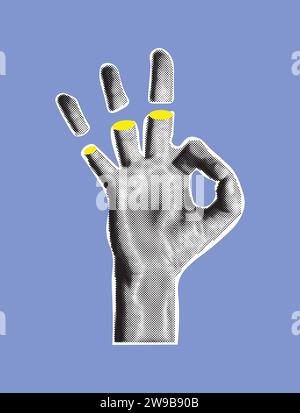 Collage banner with halftone effect hand with gesture ok. Ripped off fingers. Psychedelic poster.Vector illustration Stock Vector
