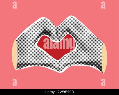 Collage banner with halftone effect hands showing heart gesture. Feelings and emotions.Modern design in magazine style. Vector illustration Stock Vector