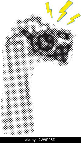 Hand holding vintage photo camera. Trendy halftone style. Collage design in trendy retro 90s magazine style. Vector illustration Stock Vector