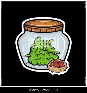 Chestnut Fruit Flavor With Cartoon Mascot of Weed Bud On Jar. For Sticker and label. Vector and Illustration. Stock Vector