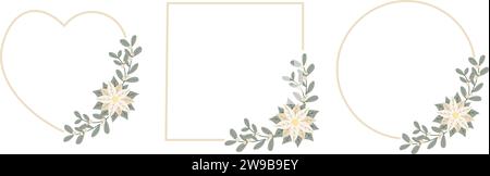 Set Christmas frames with white poinsettia flower.Design for New Year and Christmas cards, scrapbooking, stickers, planner, invitations. Vector illust Stock Vector