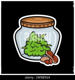 Nutty Flavor With Cartoon Mascot of Weed Bud On Jar. For Sticker and label. Vector and Illustration. Stock Vector
