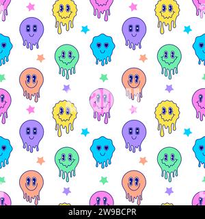 Seamless pattern with colorful melting emoticons on white background. Stock Vector