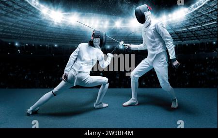 Portrait of two fencers against the backdrop of a sports arena. The concept of fencing. Duel. Mixed media Stock Photo