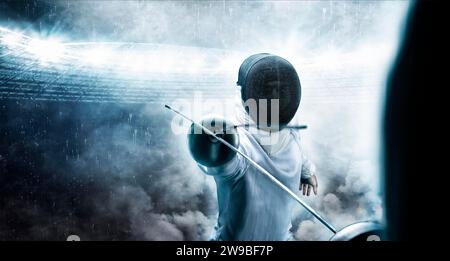 Portrait of two fencers against the backdrop of a sports arena. The concept of fencing. Duel. Mixed media Stock Photo