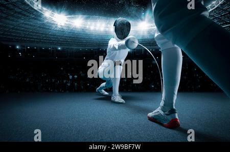 Portrait of two fencers against the backdrop of a sports arena. The concept of fencing. Duel. Mixed media Stock Photo