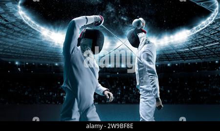 Portrait of two fencers against the backdrop of a sports arena. The concept of fencing. Duel. Mixed media Stock Photo