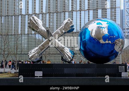 New York, USA - April 13, 2023: XO World Sculpture by Daniel Anderson at the World Trade Center. Stock Photo