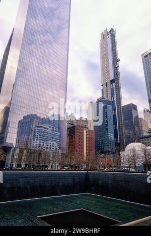 New York, USA - April 13, 2023: Memorial at World Trade Center Ground Zero. Stock Photo