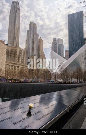 New York, USA - April 13, 2023: Memorial at World Trade Center Ground Zero. Stock Photo