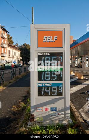 Prices display in petrol station, Turin, Piedmont, Italy Stock Photo