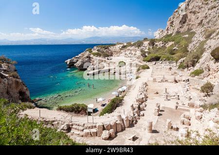 Panoramic view of the ancient sanctuary of goddess Hera, near Loutraki town, in Greece. The rocky beach by the site is popular during summer time Stock Photo