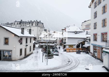Chamonix, France - December 9, 2022. December snowfall in Chamonix Centre-ville, French alps resort, Haute Savoie , France Stock Photo