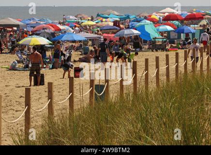 Beachgoers crowd the sand at 68th Street on Labor Day Weekend in Ocean City, Maryland. Stock Photo