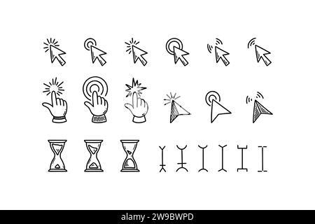 Doodle click icon set. Hand drawn mouse typing cursor. Press here tap button. Arrow and finger pointer. Sketch vector illustration. Hourglass clock ti Stock Vector