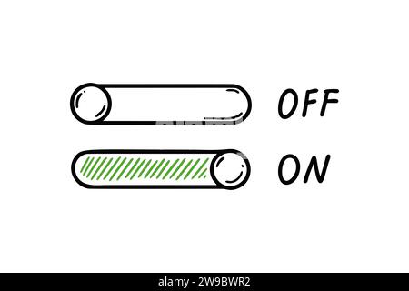 On Off switch doodle button. Active inactive hand drawn slider icon. Ui, app design element. Sketch vector illustration Stock Vector