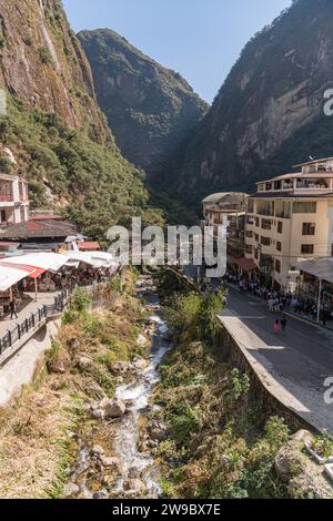 The Urubamba river running through Aguas Calientes near Machu Picchu in Peru Stock Photo