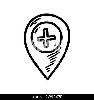 Doodle hospital map pin icon. Pharmacy location. Hand drawn sketch vector illustration. Nearby doctor office location Stock Vector