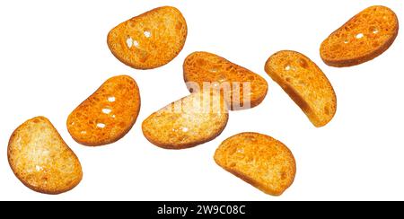 Baked crackers, round bread croutons isolated on white background Stock Photo