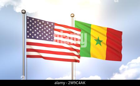 3D Waving Senegal and USA on Flagpole on Blue Sky with Sun Shine Stock Photo