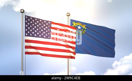 3D Waving Nevada and USA on Flagpole on Blue Sky with Sun Shine Stock Photo
