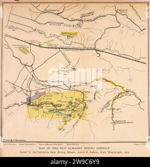 Map of New Almaden Quicksilver Mine in California,, USA, and surrounding quicksilver resources, circa 1903 Stock Photo