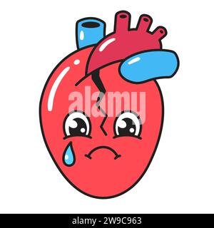 Sad broken heart character, simple retro comic style vector illustration. Cartoon anatomical heart with crying face. Stock Vector