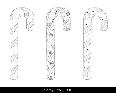 Striped candy canes, decorated winter caramel sweets, black line set Stock Vector