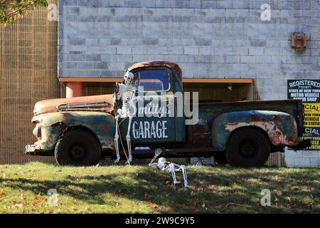 Old pickup truck and skeletons Setauket Long Island NY Stock Photo