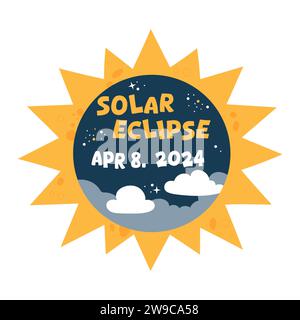 Hand drawn banner solar eclipse 8 april 2024. Vector design with sun, sky and stars. Stock Vector