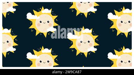 Hand drawn pattern design with cute smiling moon and sun. Seamless vector solar eclipse concept on dark background. Stock Vector