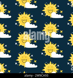 Hand drawn seamless pattern with smiling sun and clouds. Stock Vector