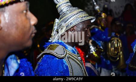 Boxing Day Junkanoo Street parade in The Bahamas where the men and women dress in bright colorful costumes. Stock Photo