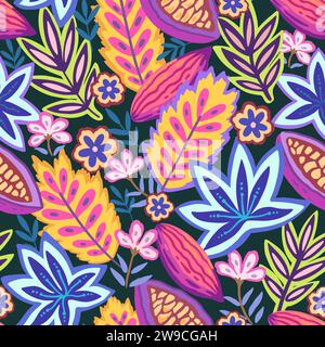 Colorful tropical seamless pattern. Abstract psychedelic motif with plant and floral elements. Joyful print for design. Vector illustration Stock Vector