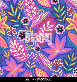 Colorful tropical seamless pattern. Abstract psychedelic motif with plant and floral elements. Joyful print for design. Vector illustration Stock Vector