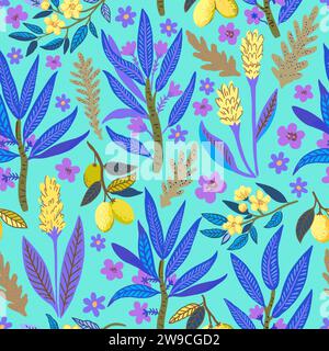 Seamless pattern with stylized tropical plants and flowers. Vector illustration Stock Vector