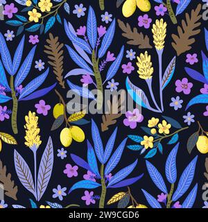 Seamless pattern with stylized tropical plants and flowers. Vector illustration Stock Vector
